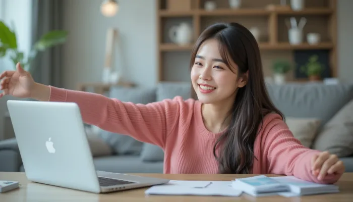 노트북 옆에서 두 팔을 쭉 뻗으며 안도하는 여성