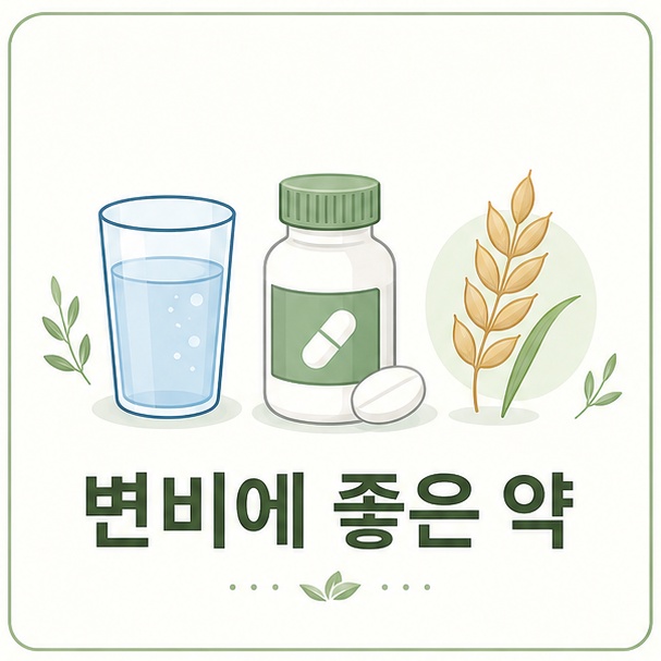 변비에 좋은 약 대표 이미지, 물컵과 알약 병, 식이섬유를 뜻하는 곡물 아이콘