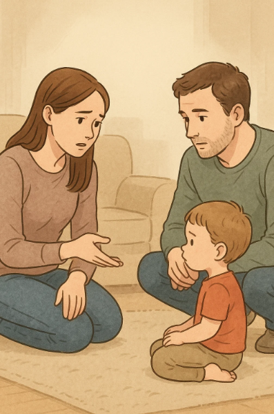 훈육 중 아이와 눈높이를 맞춰 차분히 대화하는 부모