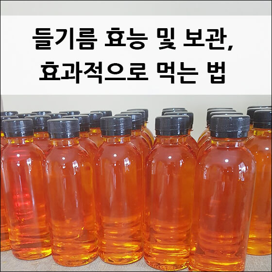 들기름 병이 나열되어 있는 모습