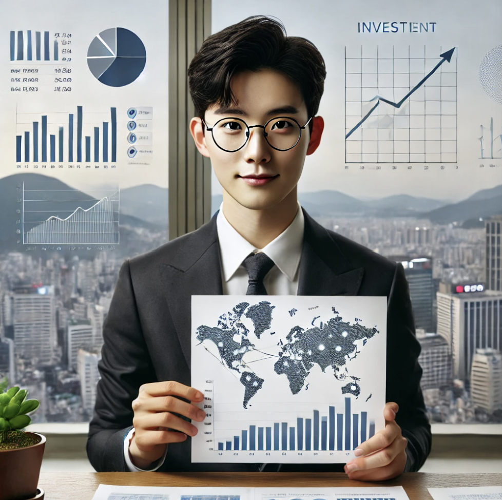 금융 보고서를 들고 투자와 재무 성장을 설명하는 장면