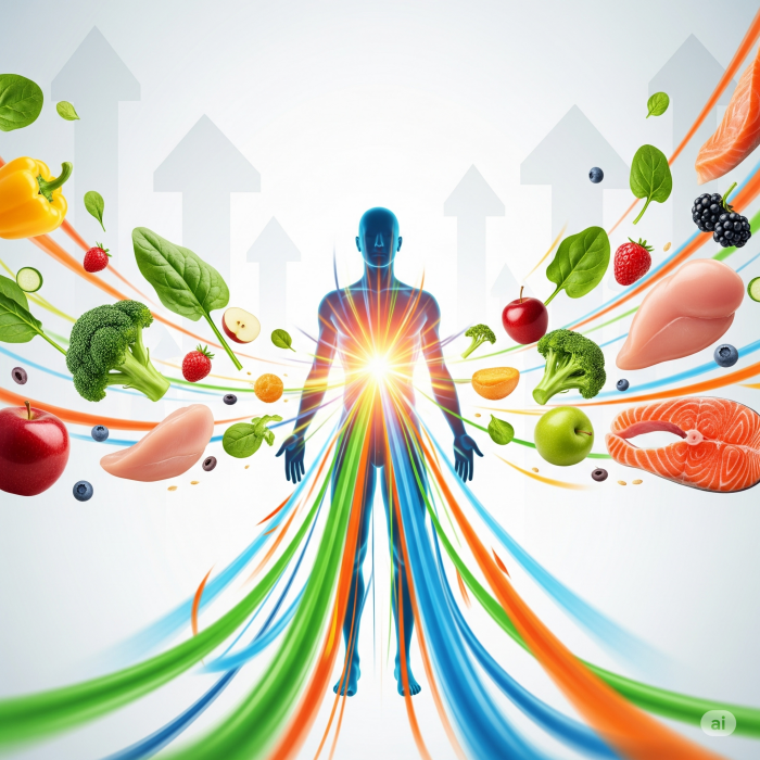 중앙에 빛나는 사람 형체를 중심으로 신선한 채소, 과일, 단백질 식품들이 소용돌이치며 배치되어 건강과 활력을 나타내는 이미지.