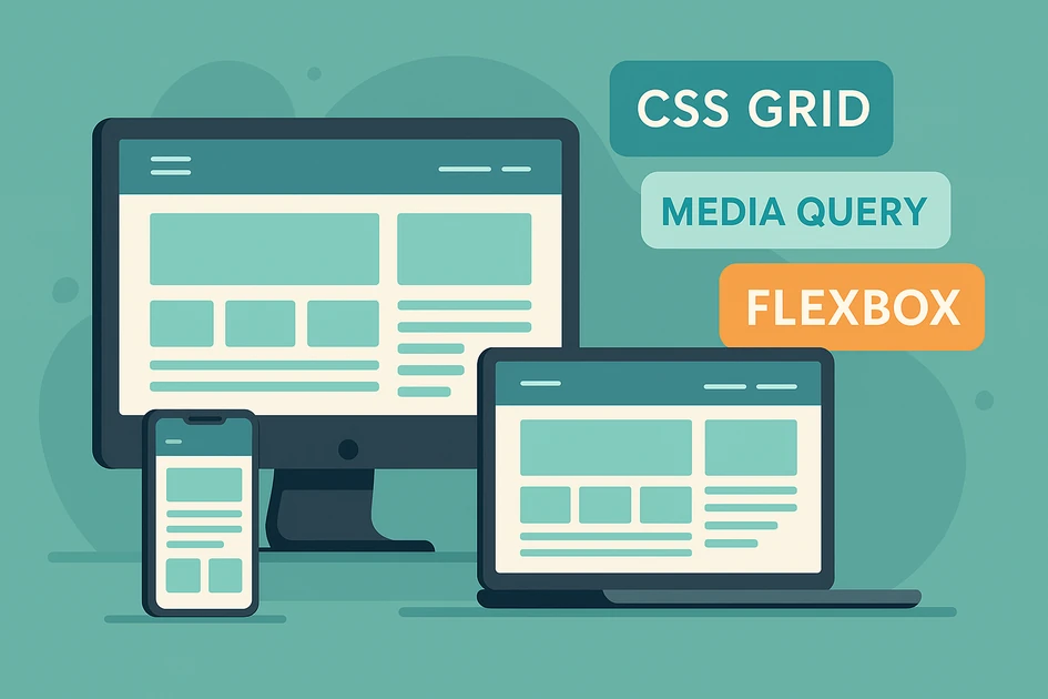 반응형 웹을 설명하는 다양한 디바이스 화면과 CSS Grid·Flexbox·미디어 쿼리 개념을 표현한 일러스트