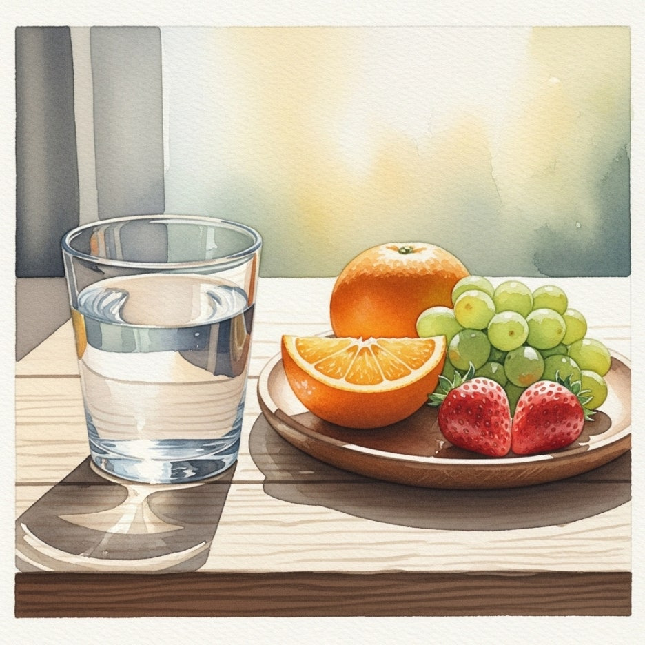 신선한 과일과 물이 놓인 차분한 테이블 풍경