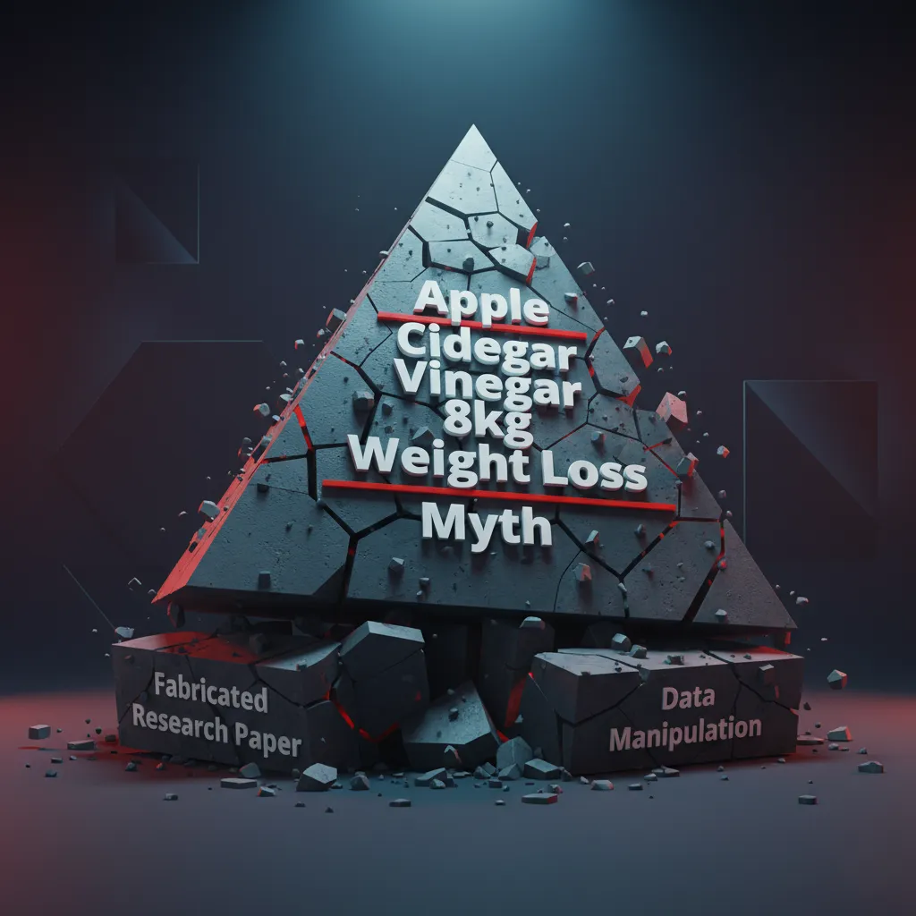 '애사비 8kg 감량 신화'라고 적힌 피라미드가 '조작된 논문'이라고 적힌 금이 간 불안정한 기반 위에 위태롭게 서 있는 모습을 통해, 잘못된 근거로 쌓아 올린 믿음의 붕괴를 상징하는 이미지.