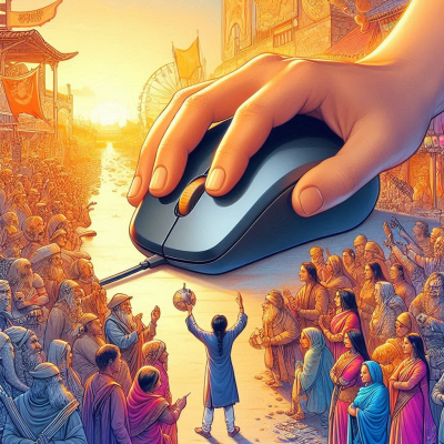 거대한 손이 사람들을 향해 마우스를 클릭하는 장면