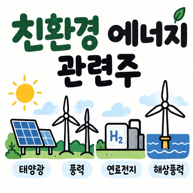 태양광 패널과 풍력발전기, 연료전지 아이콘 옆에 친환경 에너지 관련주라는 제목이 크게 적힌 대표 썸네일