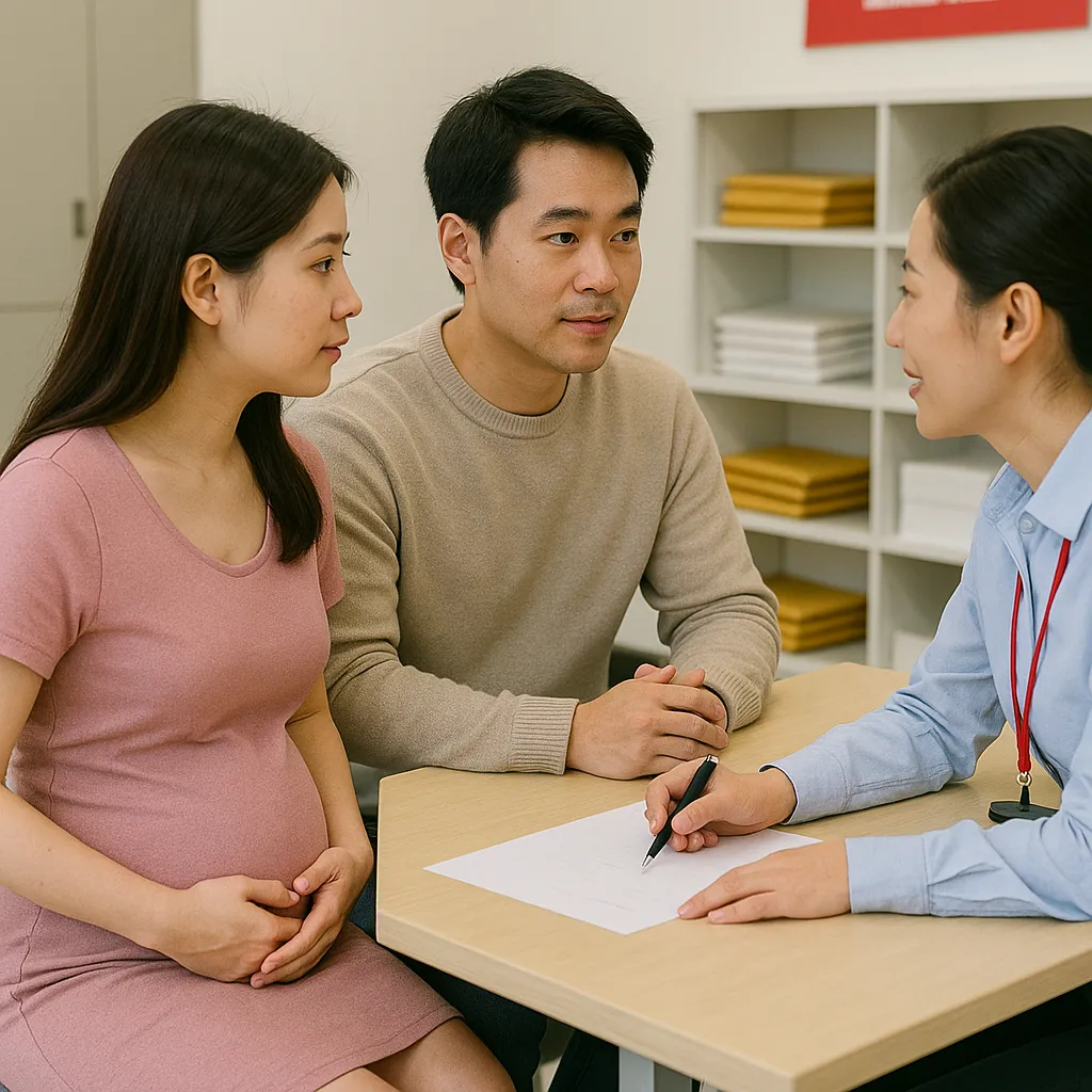 우체국 상담창구에서 보험 설명을 듣는 임산부 부부