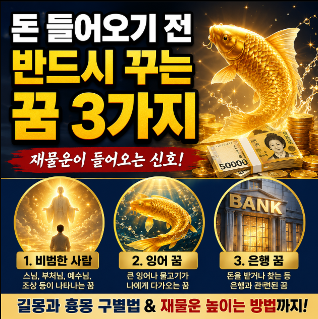 돈이 들어오기 전에 꾸는 대표적인 재물몽 3가지인 비범한 사람, 황금 잉어, 은행 꿈을 표현한 썸네일 이미지