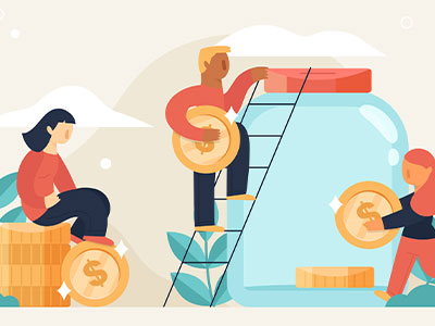 커다란 저금통에 동전을 넣는 사람들 &ndash; 세금 환급 저축 개념 일러스트