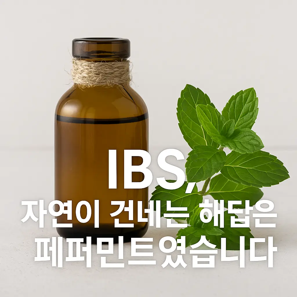 페퍼민트 오일 병과 신선한 페퍼민트 잎이 함께 놓인 차분한 공간. 'IBS, 자연이 건네는 해답은? 페퍼민트였습니다.'라는 문구가 중앙 하단에 배치된 이미지. 자연 요법과 장 건강 관리의 메시지를 담은 시각 자료.