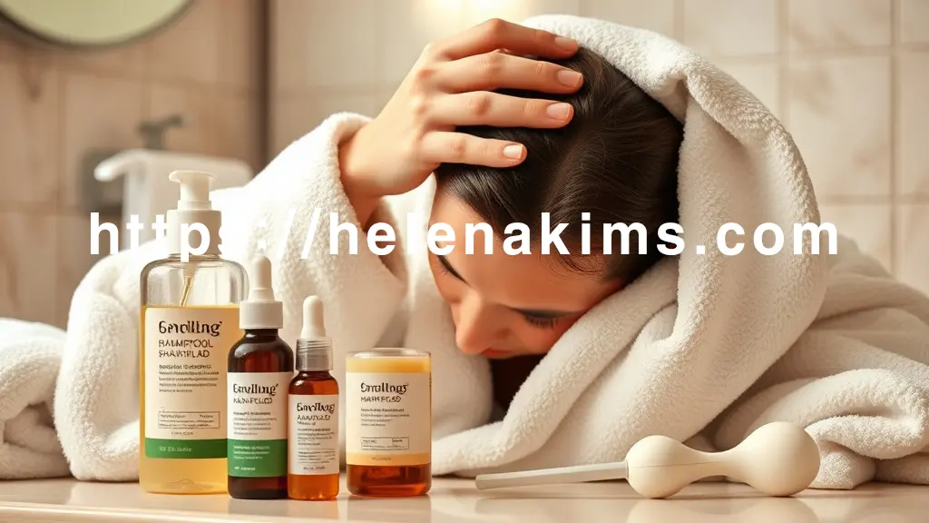 깨끗하고 부드러운 타월을 두른 인물이 손끝으로 자신의 두피를 부드럽게 마사지하는 모습, 주변에는 탈모 기능성 샴푸, 두피 앰플, 작은 두피 마사지기가 깔끔하게 정돈되어 있다.