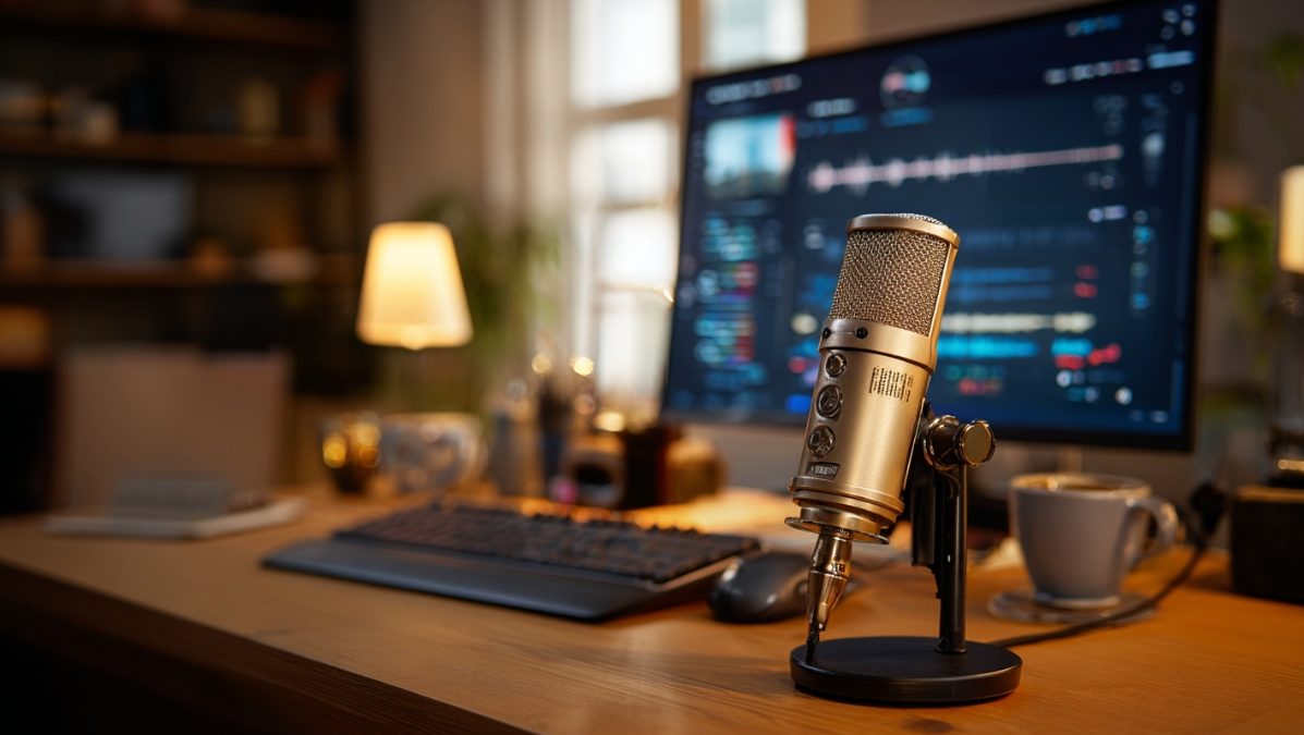 챗지피티로 작성된 대본을 보며 나레이션을 녹음하는 초보 유튜버, 책상 위 작은 마이크 장비, 따뜻하고 미니멀한 홈 오피스 분위기