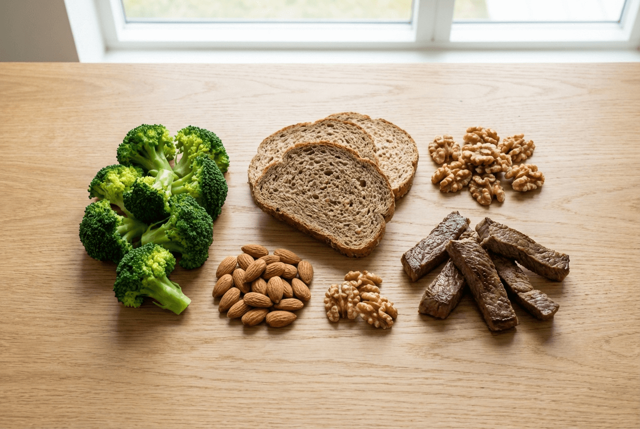 크롬이 풍부한 식품들, 브로콜리, 통곡물, 견과류가 나무 테이블 위에 정갈하게 배치된 모습