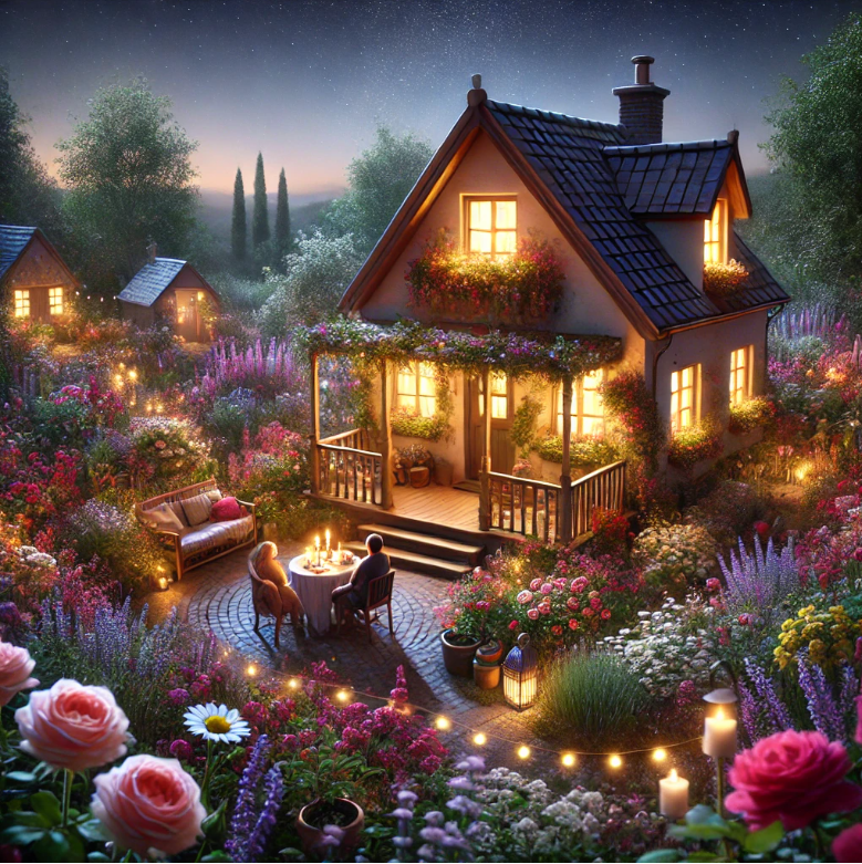 꽃과 함께 머무는 감성적인 펜션의 밤 풍경