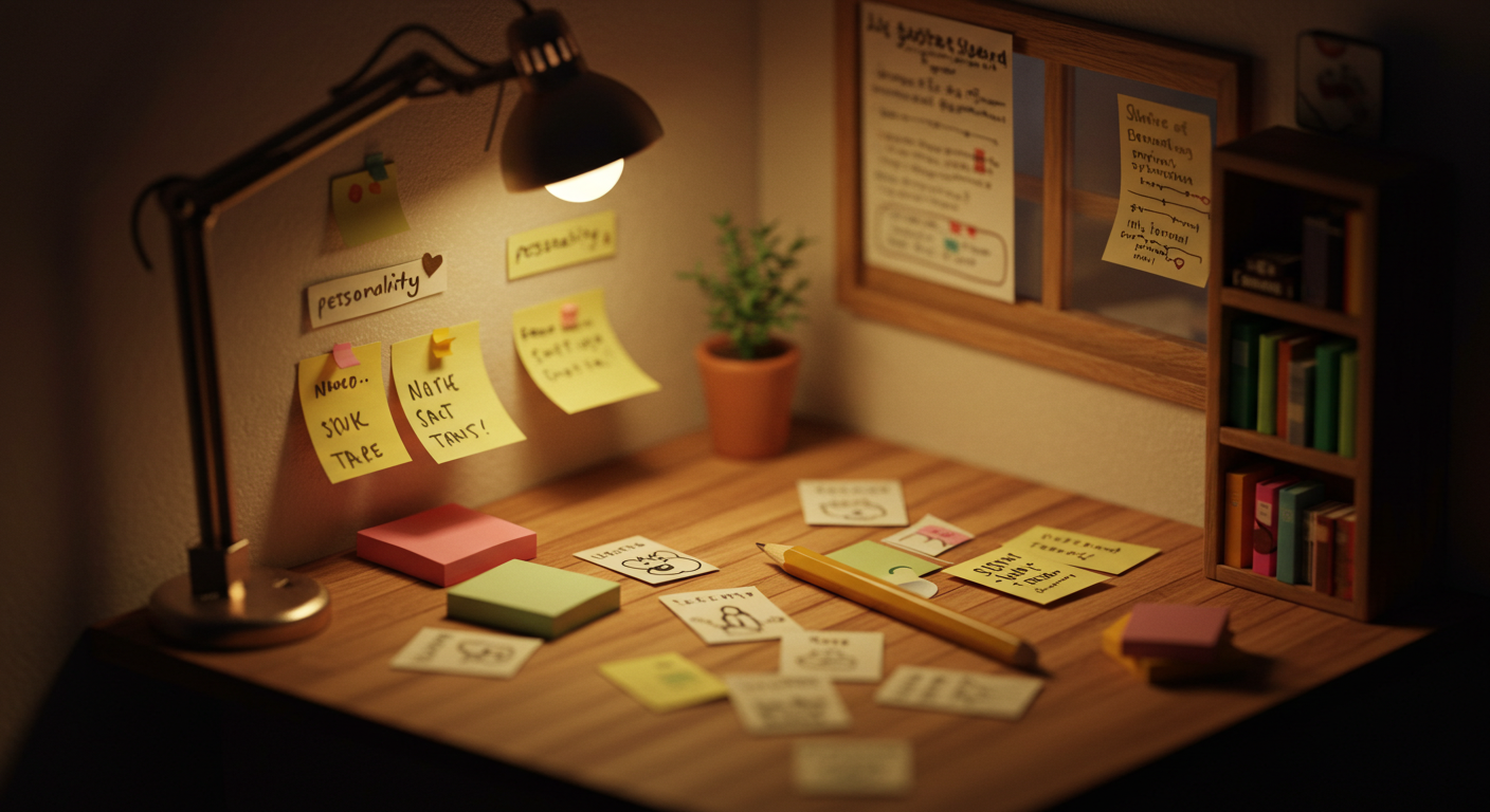 틸트쉬프트 느낌으로 미니어처 책상 위에 작은 메모지와 연필, 성격 카테고리 카드가 아기자기하게 놓인 대표 이미지