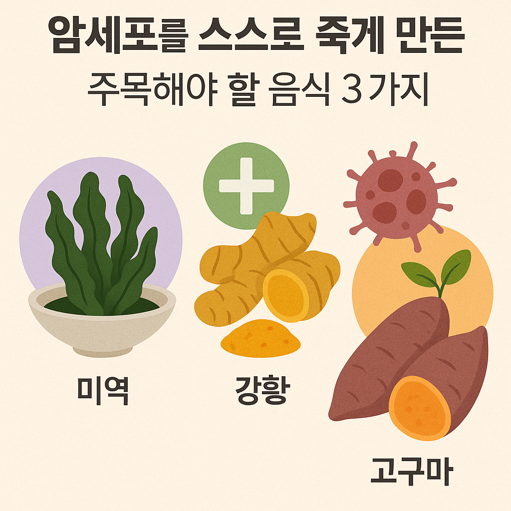 암세포 자멸 유도 음식으로 알려진 미역, 강황, 고구마가 일러스트로 표현된 교육용 포스터. 상단에는 &quot;암세포를 스스로 죽게 만든 주목해야 할 음식 3가지&quot;라는 문구가 있고, 각 식품 아래에 한글로 명칭이 표시되어 있다.