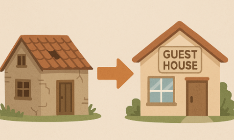 빈집을 게스트하우스로 전환하는 과정을 표현한 일러스트