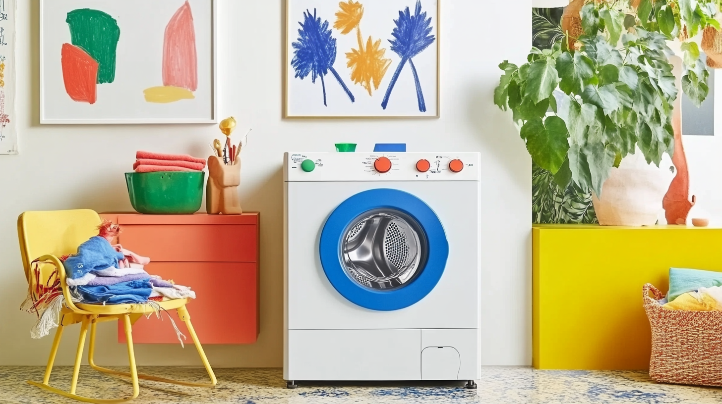 친환경 기술이 적용된 혁신적인 세탁기-건조기 조합, 밝고 다채로운 색상으로 아늑한 집의 유쾌하고 초대하는 분위기 표현