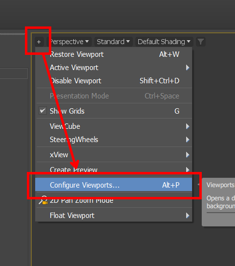 뷰포트 왼쪽 위의 [+] 라벨을 클릭 &amp;gt; Configure Viewports