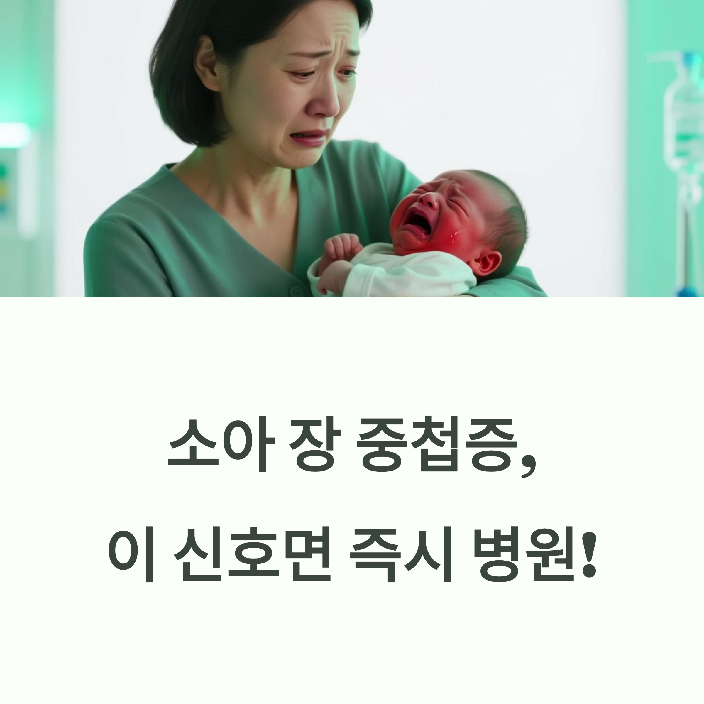 소아 장 중첩증의 위험 신호를 알리고 즉시 병원 진료 필요성을 강조한 이미지