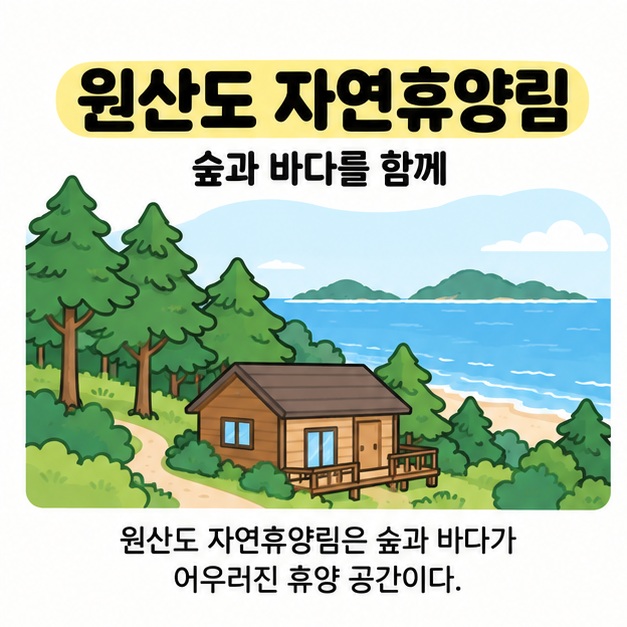 원산도 자연휴양림 제목 아래 소나무숲과 바다, 작은 목조 숙소를 함께 그린 휴양 공간의 개념 삽화