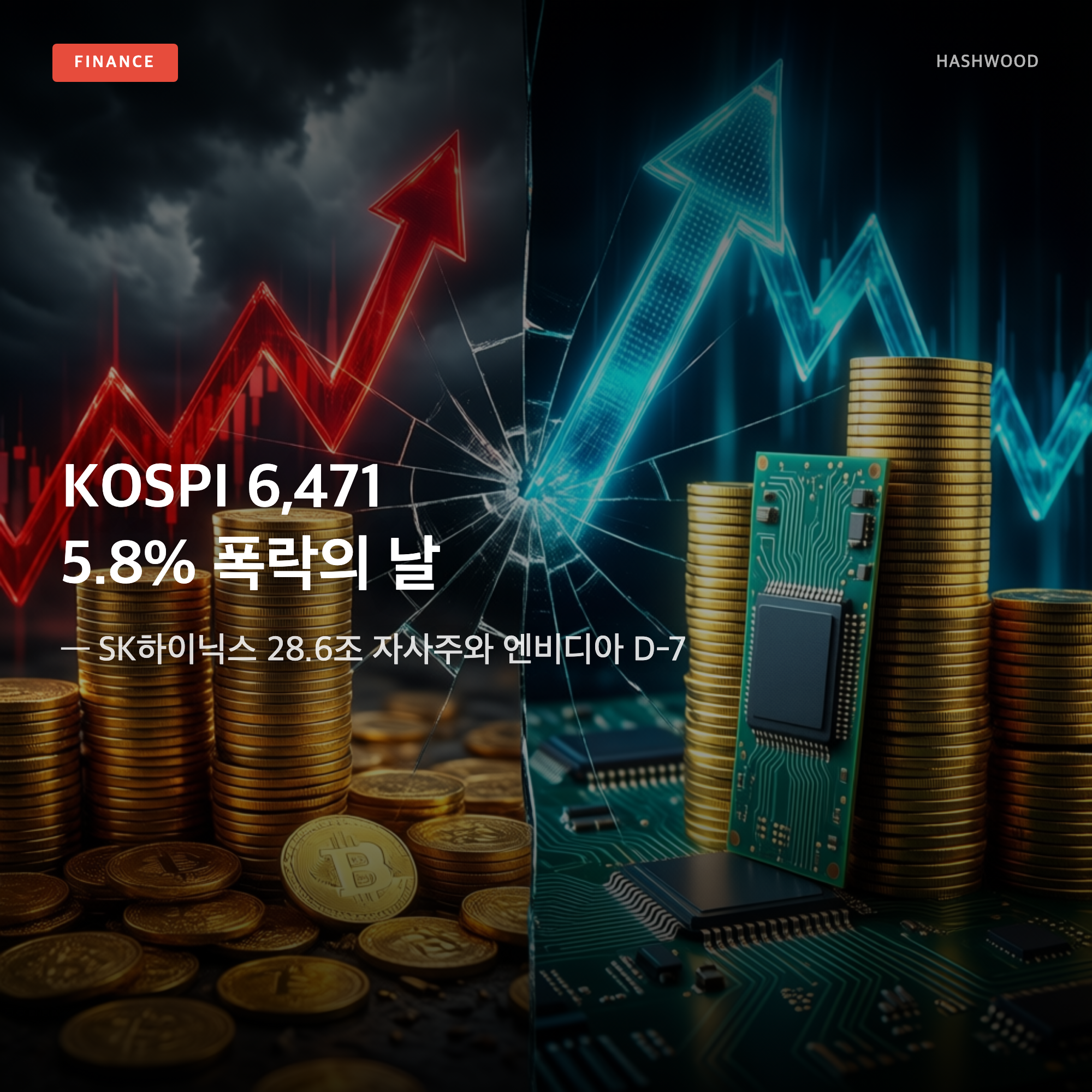 그림: KOSPI 6,471 5.8% 폭락의 날 — — SK하이닉스 28.6조 자사주와 엔비디아 D-7