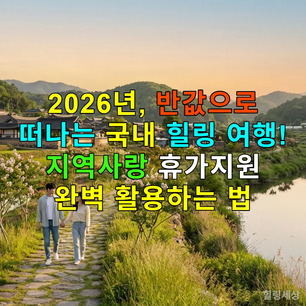 푸른 강과 언덕에 둘러싸인 한옥 마을에서 평화롭게 산책하는 한국인 커플의 모습