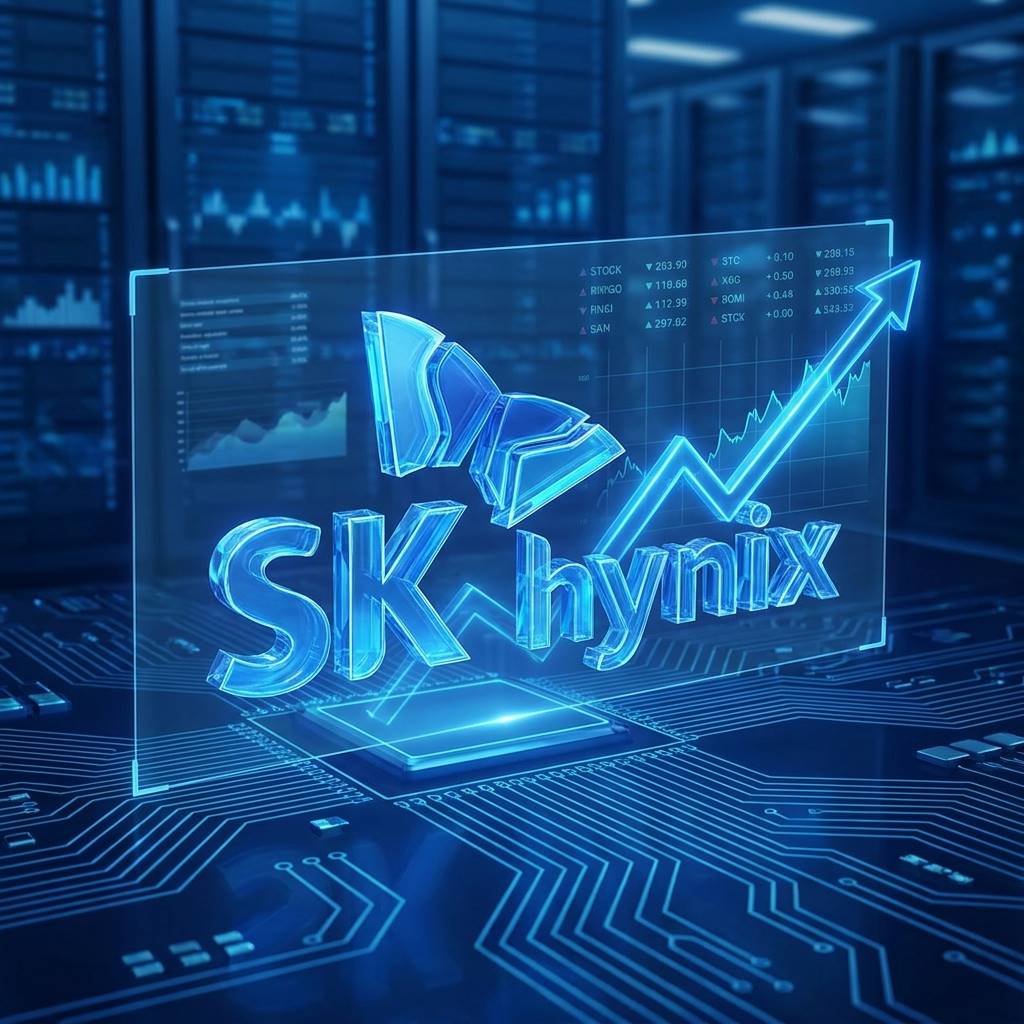 SK하이닉스 로고와 역동적인 주가 상승 그래프가 결합된 3D 렌더링 이미지