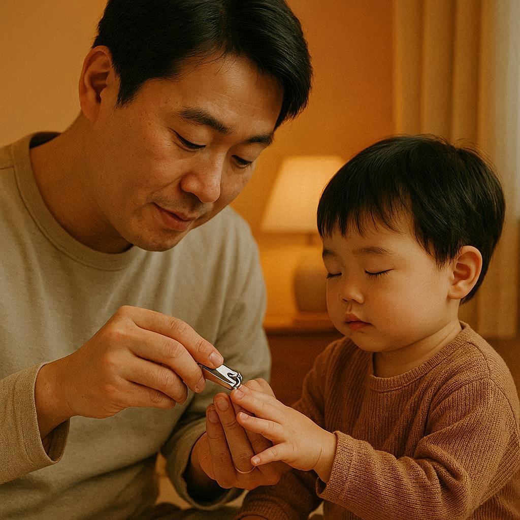 부모가 아이의 손톱을 다듬고 있는 모습