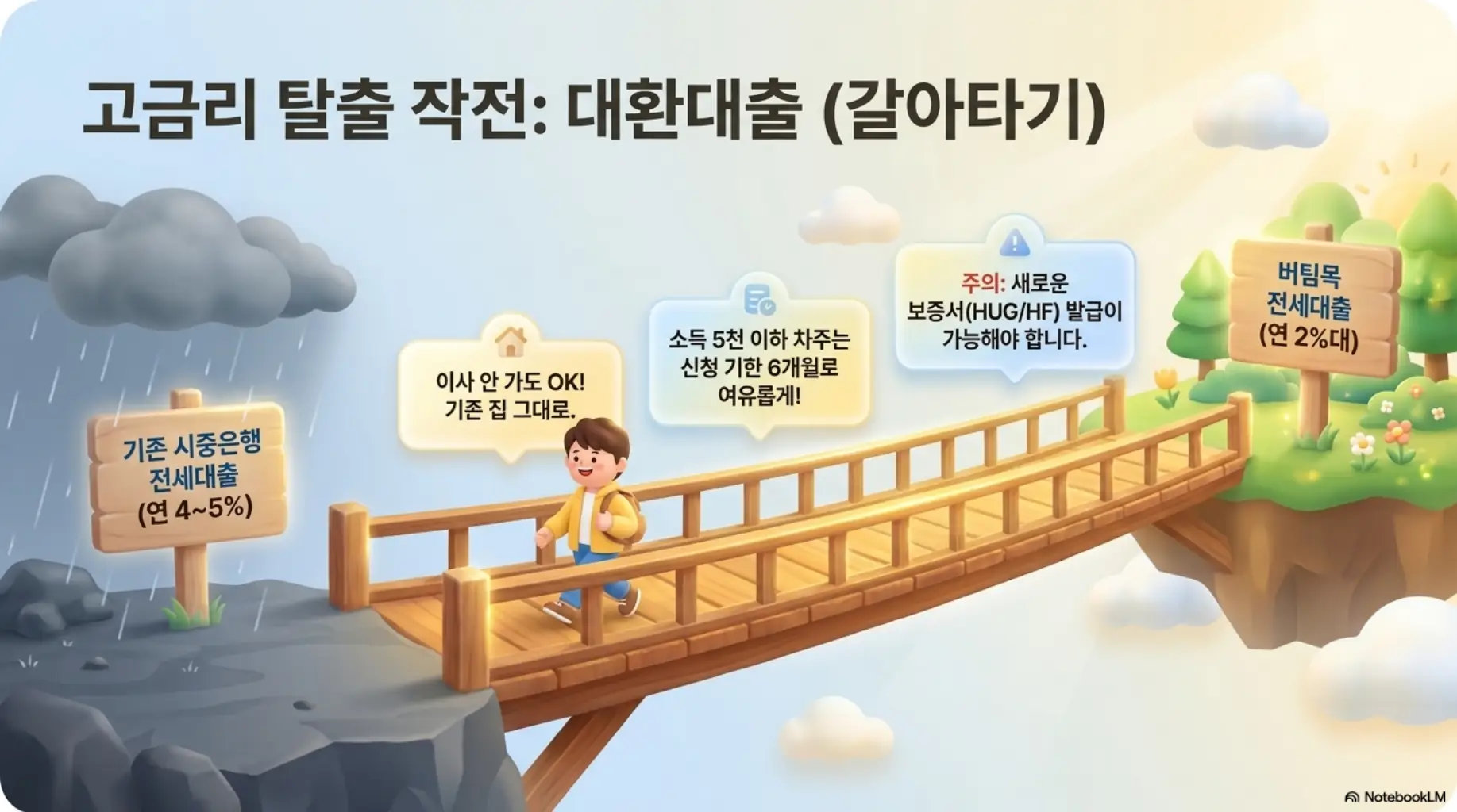 버팀목전세자금대출: 시중은행 전세대출(연 4~5%)에서 버팀목전세자금대출(연 2%대)로 대환하는 과정을 다리 건너기 그래픽으로 표현한 이미지. 소득 5천 이하 차주의 신청 기한 6개월 확대와 보증서 발급 확인 주의사항을 시각적으로 전달하며, 블로그의 버팀목전세자금대출 대환과 관련된 내용을 설명함