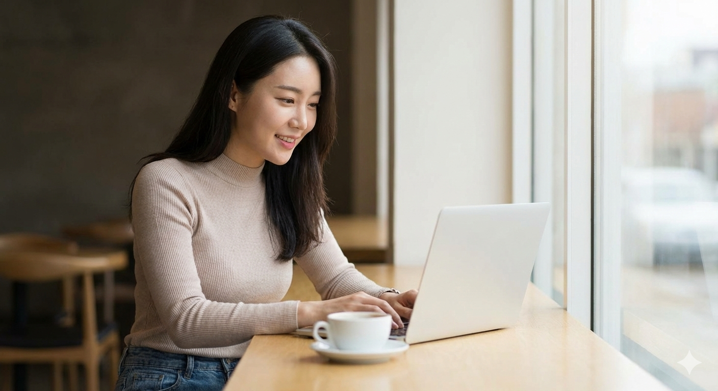 채광 좋은 카페 창가에서 노트북으로 ISA 계좌의 비과세 세금 0원 혜택을 확인하고 만족해하는 모습