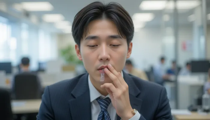 양복 차림으로 아침 가글을 하는 직장인의 장면