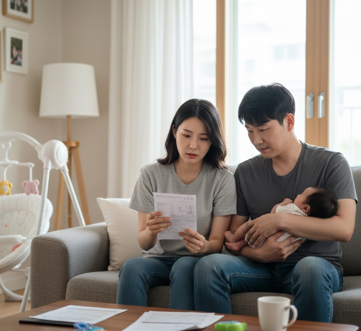 영아가 있는 가정에서 전기요금 고지서를 확인하는 출산 가구의 일상적인 모습