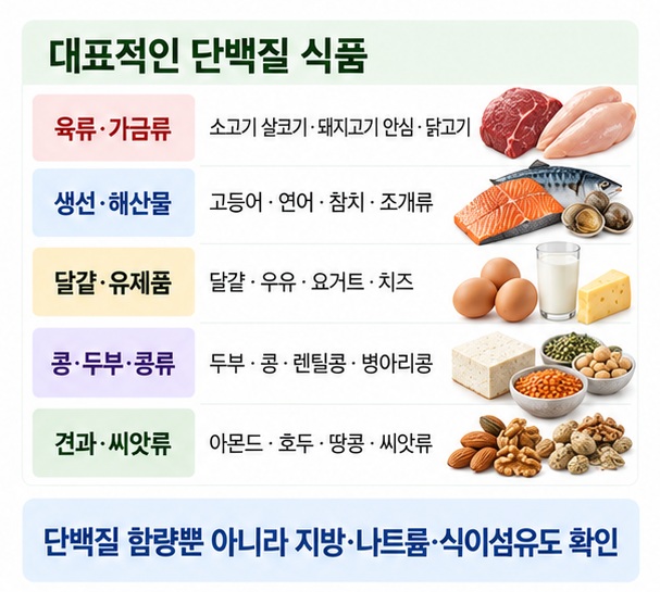 육류·가금류, 생선·해산물, 달걀·유제품, 콩·두부, 견과·씨앗류의 대표 단백질 식품을 비교한 이미지