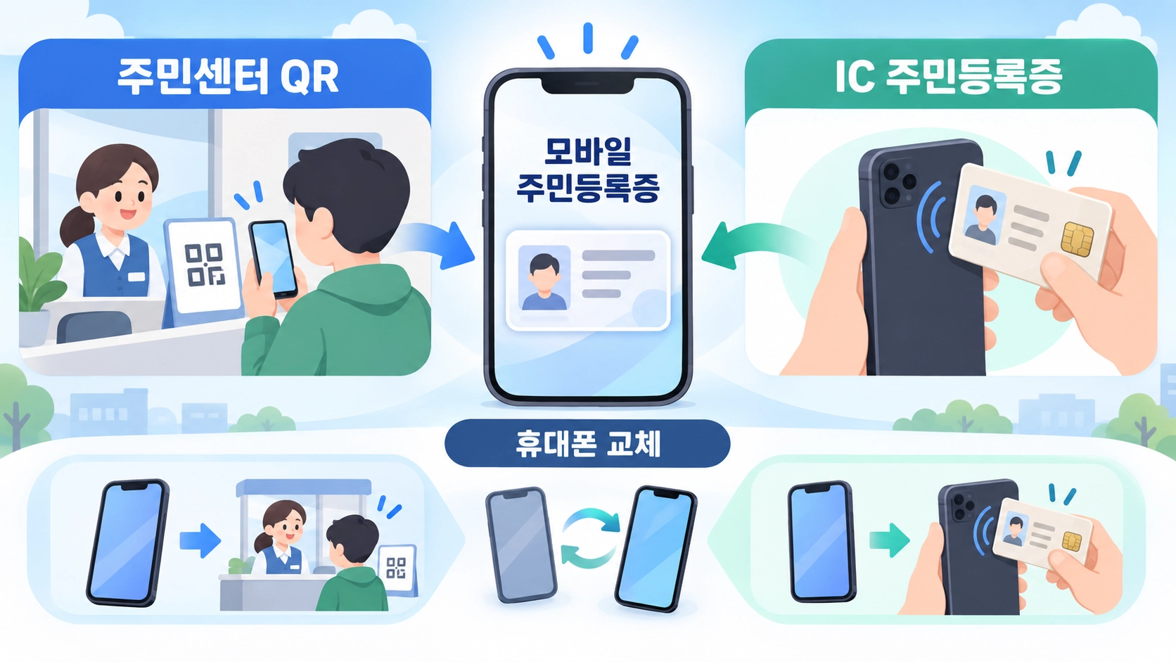 주민센터 QR 방식과 IC 주민등록증 태그 방식의 모바일 주민등록증 발급 차이를 비교한 안내