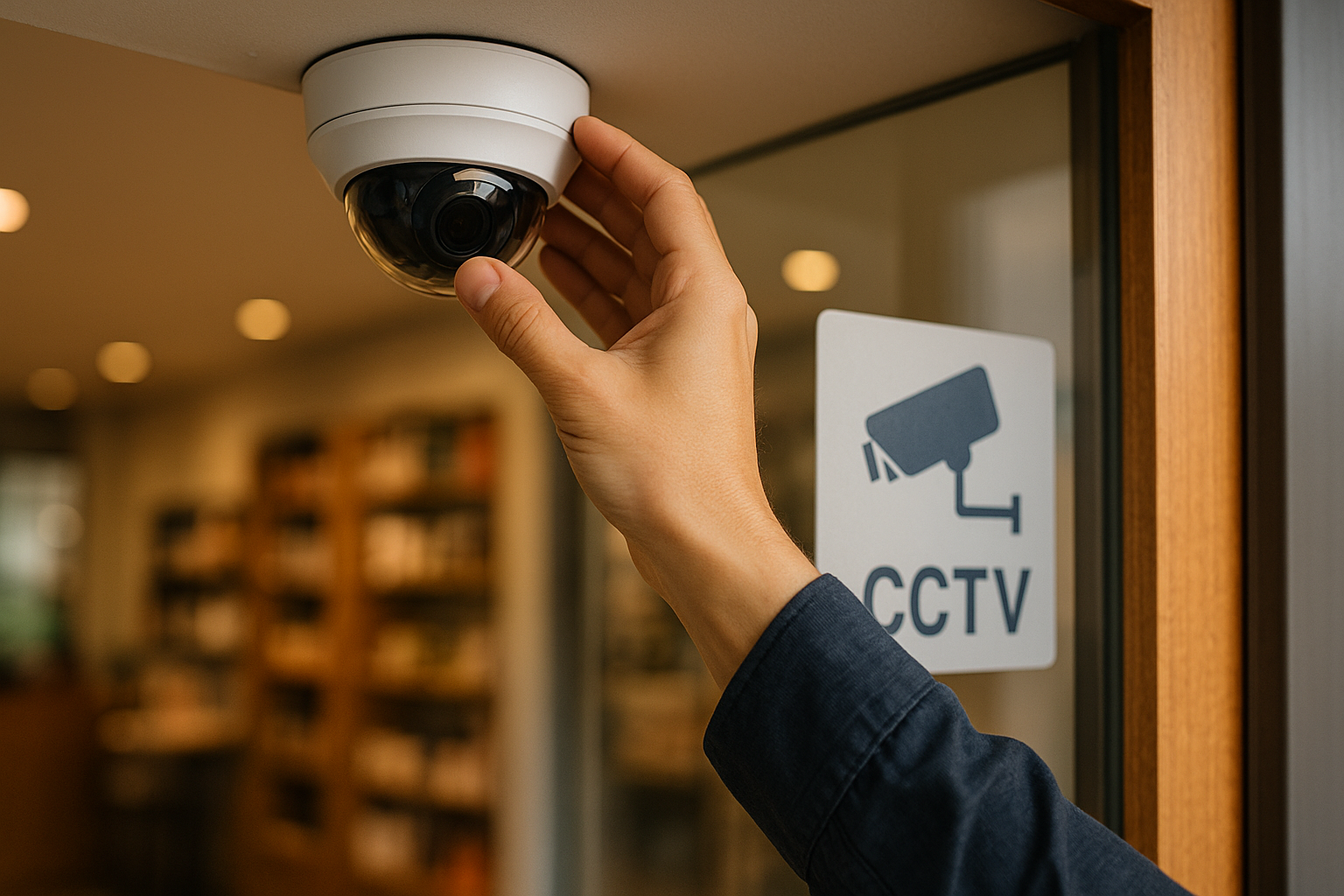 소형 매장 출입구에서 천장 돔형 카메라 각도를 아래로 조정하는 손과 유리문 CCTV 표지