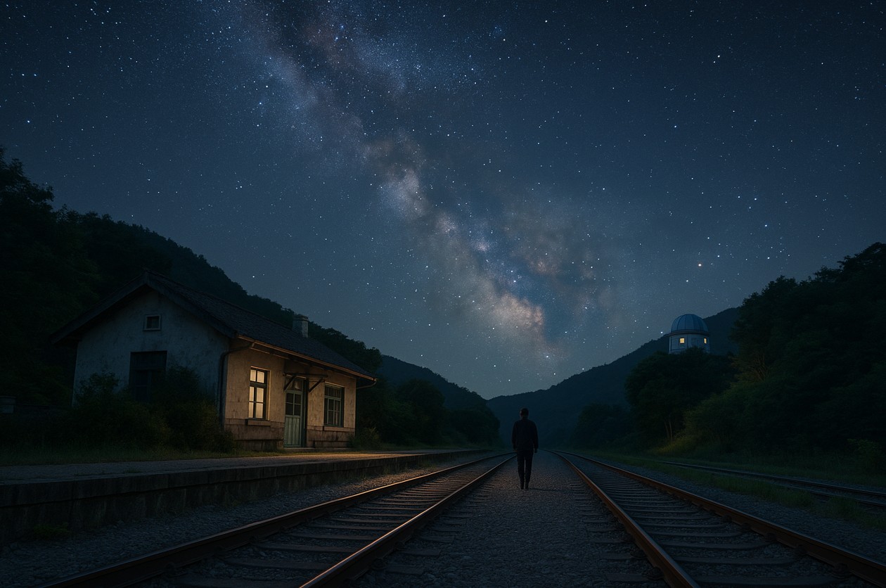 밤 하늘 별들 사이로 걷고 있는 중년사진