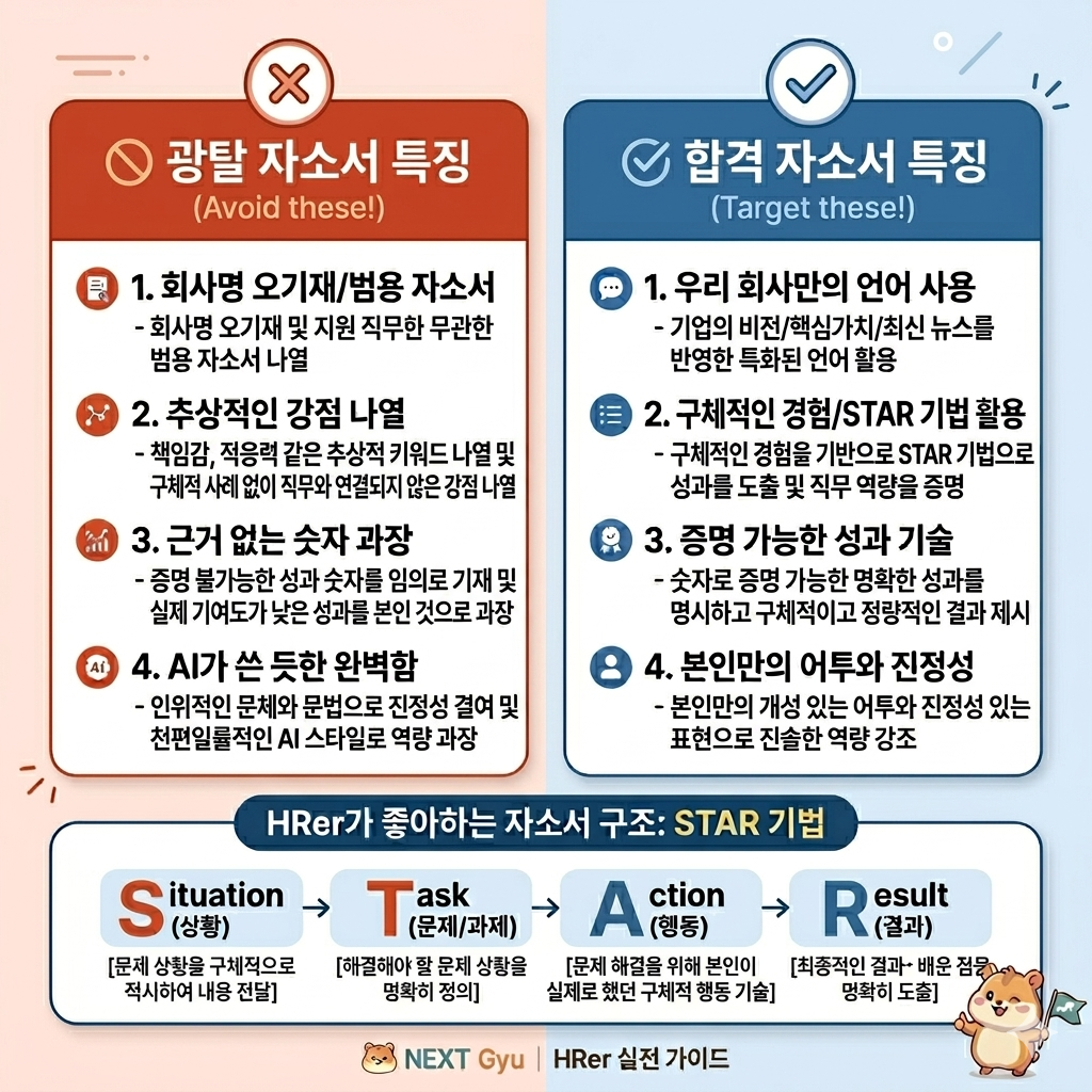 광탈 자소서 vs 합격 자소서 특징 비교
STAR 기법 HRer 실전 가이드 인포그래픽