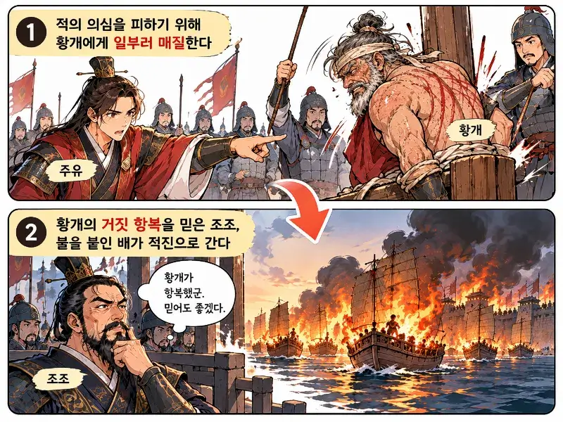 Two-panel illustration of Huang Gai, depicted as an aged veteran general, being publicly beaten as part of a feigned surrender plan, followed by Cao Cao being deceived while fire ships advance toward the enemy fleet during the Three Kingdoms period.