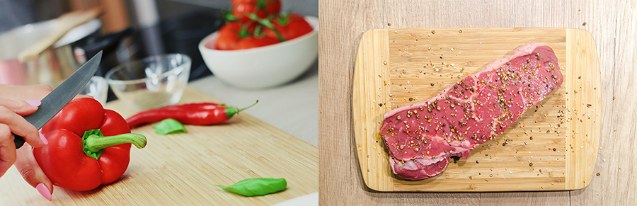 채소와 육류 놓여 있는 도마
