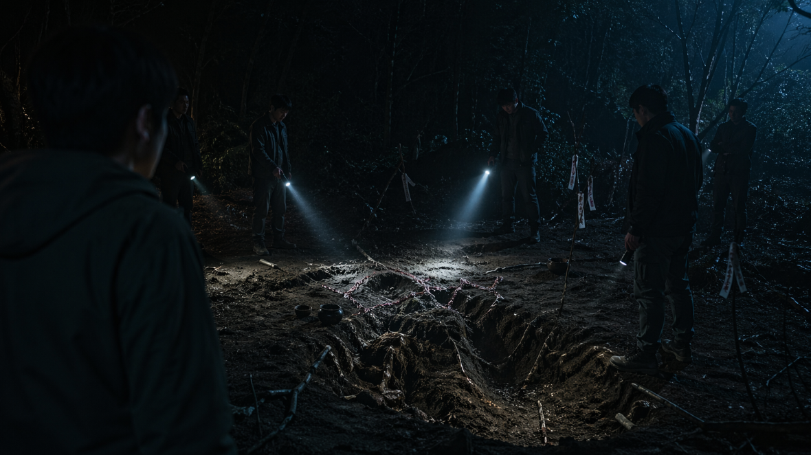 손전등을 든 사람들이 흙이 파헤쳐진 숲 가장자리를 내려다보는 불길한 밤 장면