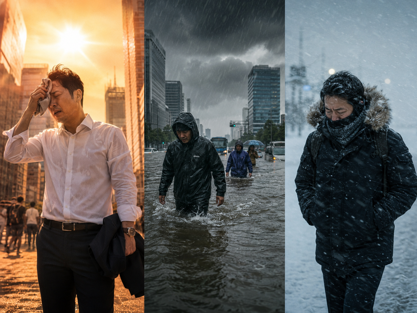 폭염&middot;집중호우&middot;한파 등 기후재난을 겪는 성인 모습