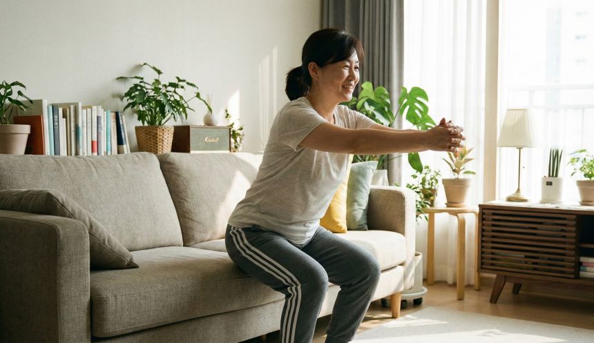집에서 소파를 활용해 무릎 통증 없이 안전하게 하체 근력 운동(의자 스쿼트)을 하는 모습