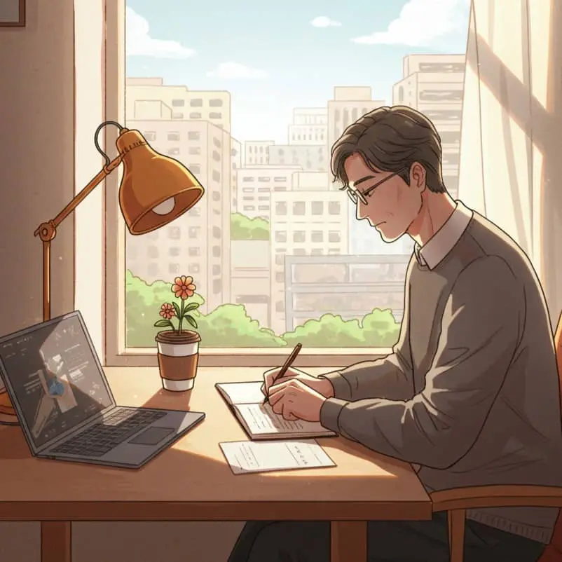 따뜻한 햇살 아래, '춤추는 생각나무'가 자신의 성장 과정을 기록하며 더 나은 세상을 꿈꾸는 모습을 담은 일러스트. 함께 소통하고 나누고 싶은 마음을 상징합니다.