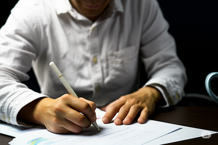 진지하게 은퇴 계획을 검토하고 기록하는 중년 남성의 손, 신중한 준비 과정과 고민의 흔적