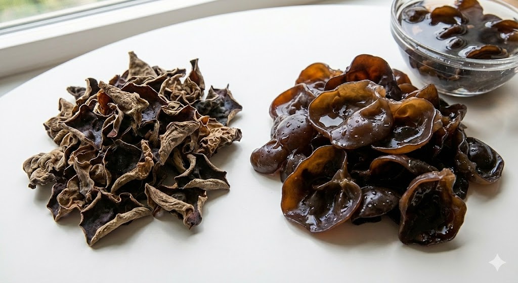 물을 만나면 10배로 팽창하는 풍부한 식이섬유가 장내 노폐물과 독소를 흡착 배출하여 변비를 해결하는 목이버섯 불리기 전후 비교