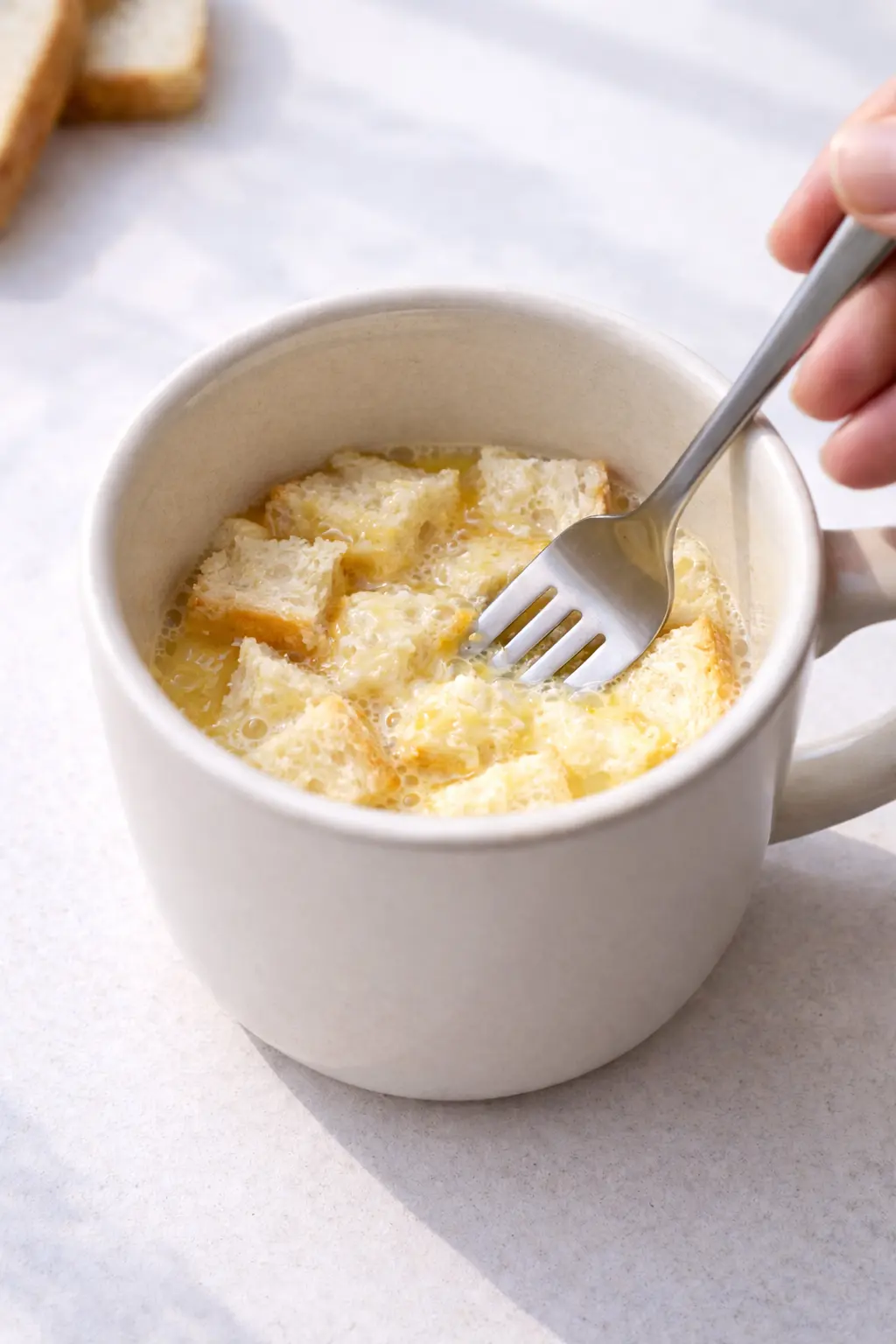 머그컵에 빵을 넣고 계란물에 적시는 과정