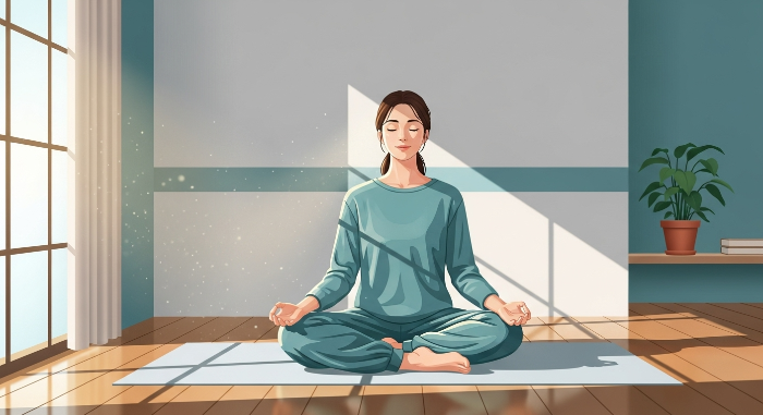 평온한 실내에서 요가나 명상을 하는 여성의 모습, 갱년기 정신 건강 관리의 중요성을 나타냅니다.