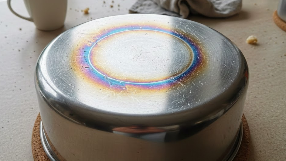 스테인레스 냄비에 무지개 얼룩 생긴 사진